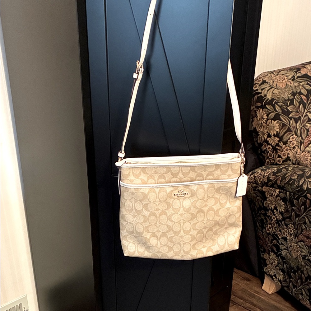 Coach Beige Signature Canvas Crossbody with White Trim